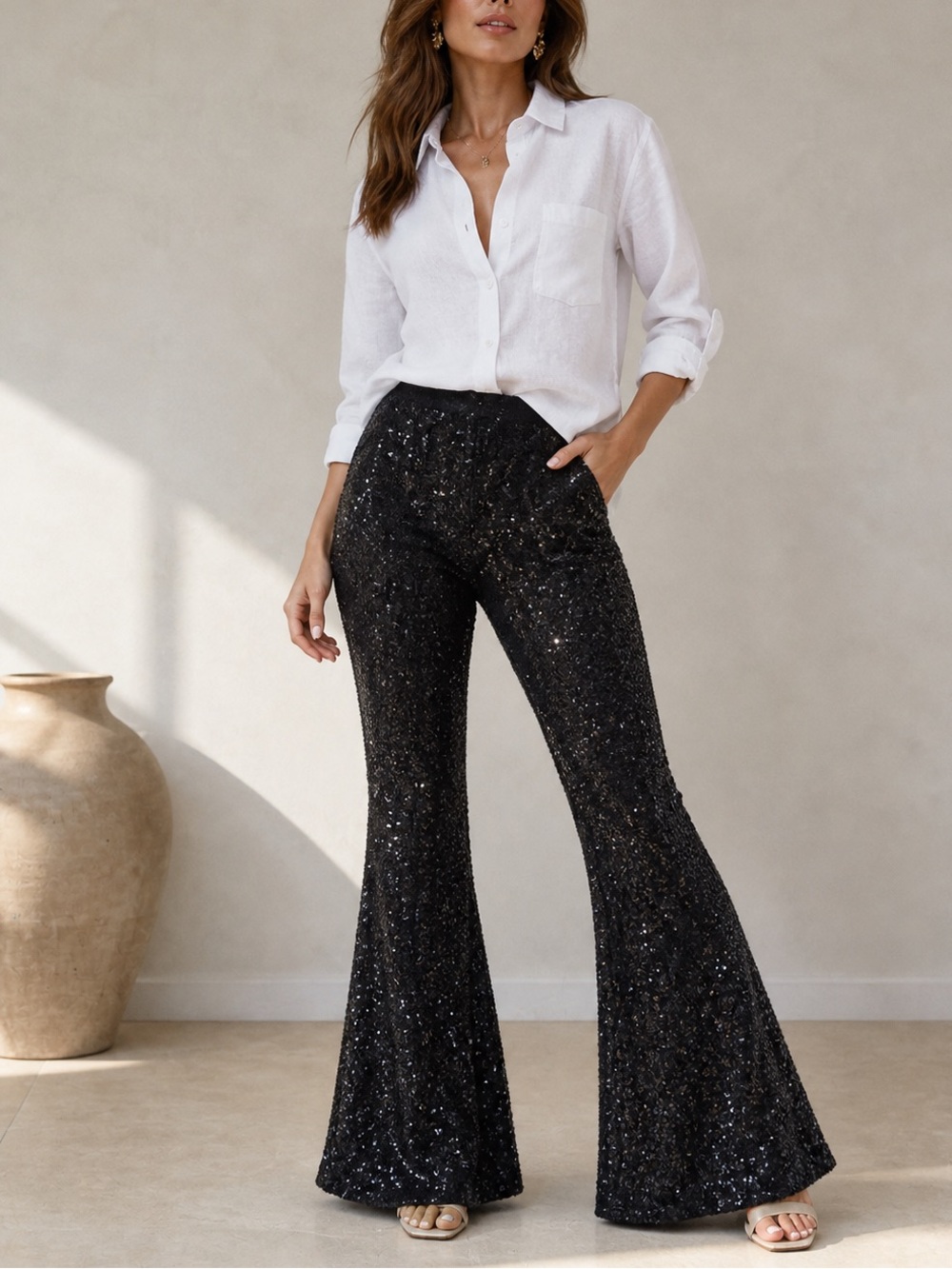 Hunter & Brown Black Sequin Flare Pants - Women's Bootcut Glam